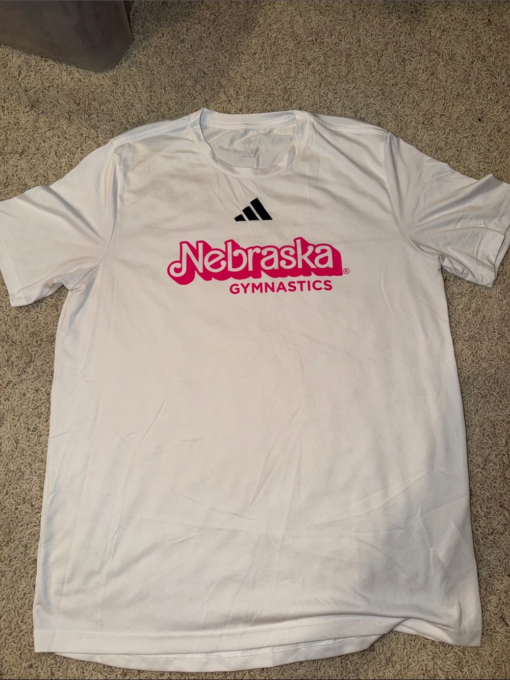 adidas White Tee with Pink Nebraska Gymnastics Logo